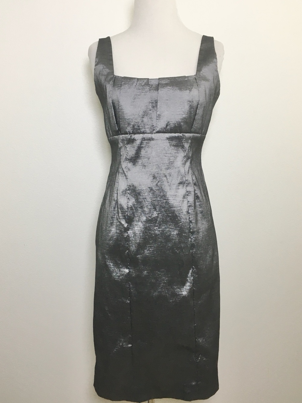 Calvin Klein | Elegant Silver Sheen Square-Neck Sheath Dress